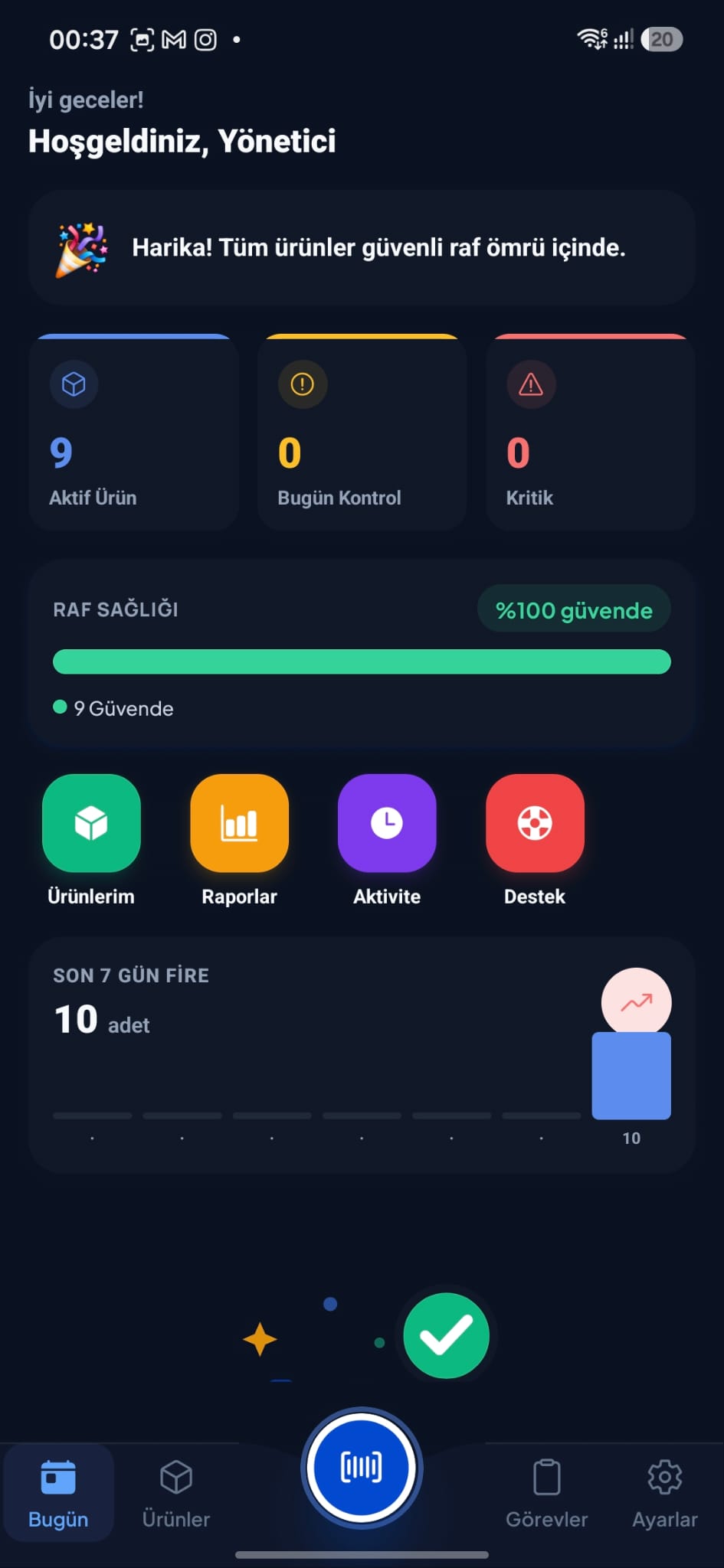 Cepte Takip ana ekranı — koyu tema