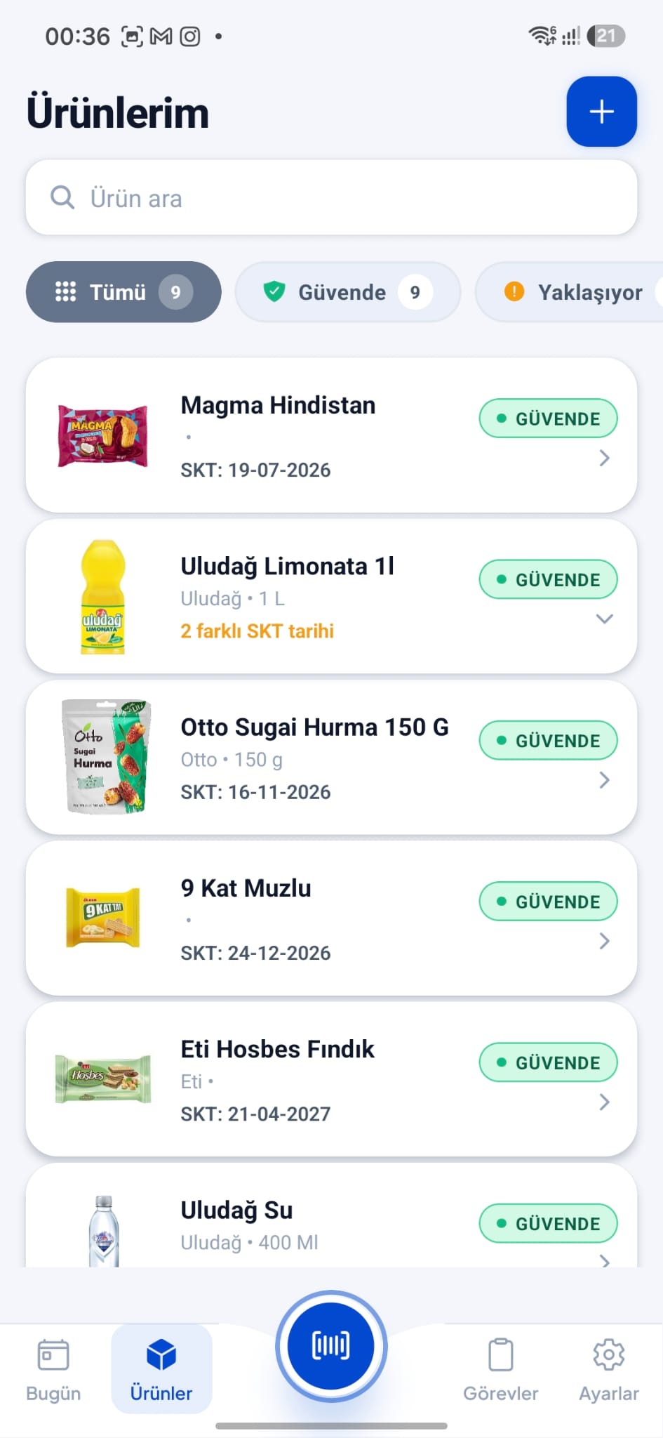 Ürünlerim ekranı — açık tema