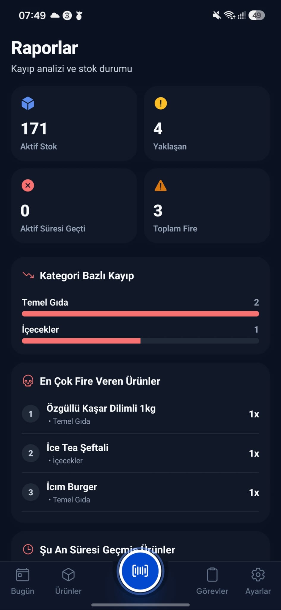 Raporlar ekranı — koyu tema