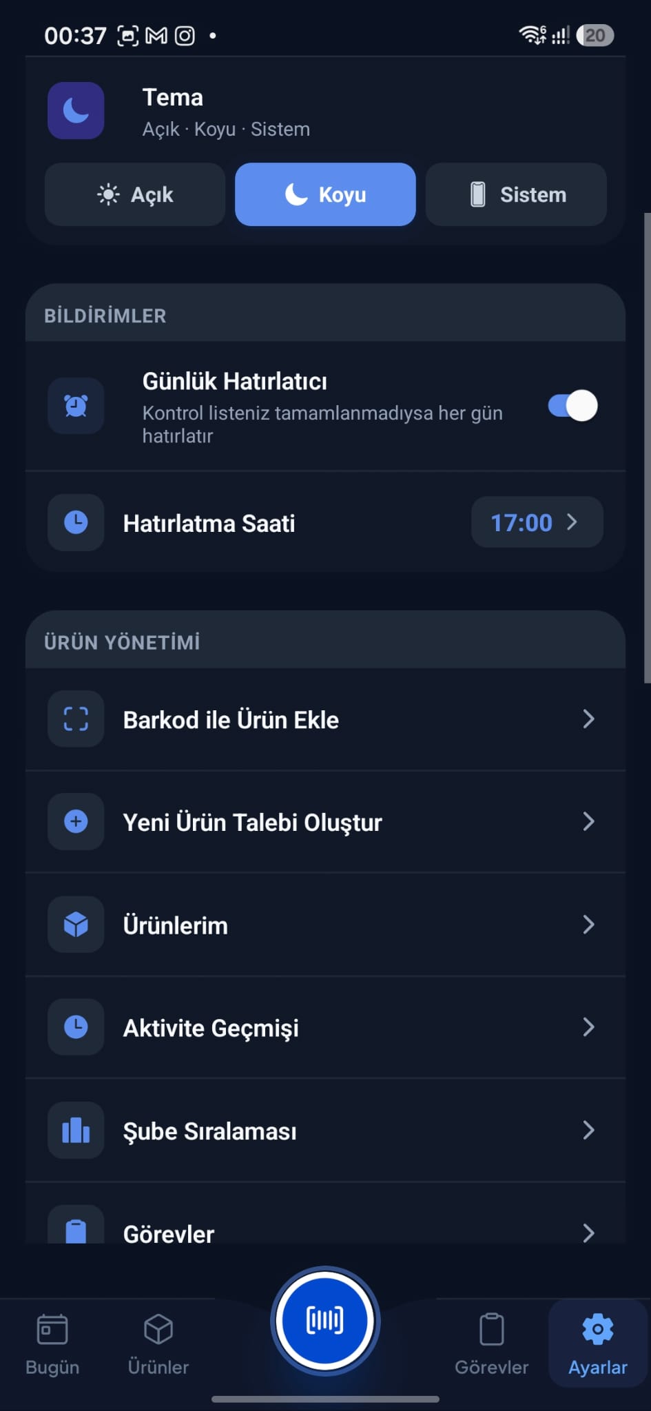 Kişiselleştirme ekranı — koyu tema