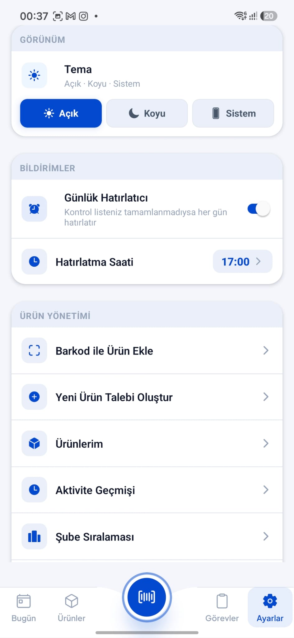 Kişiselleştirme ekranı — açık tema