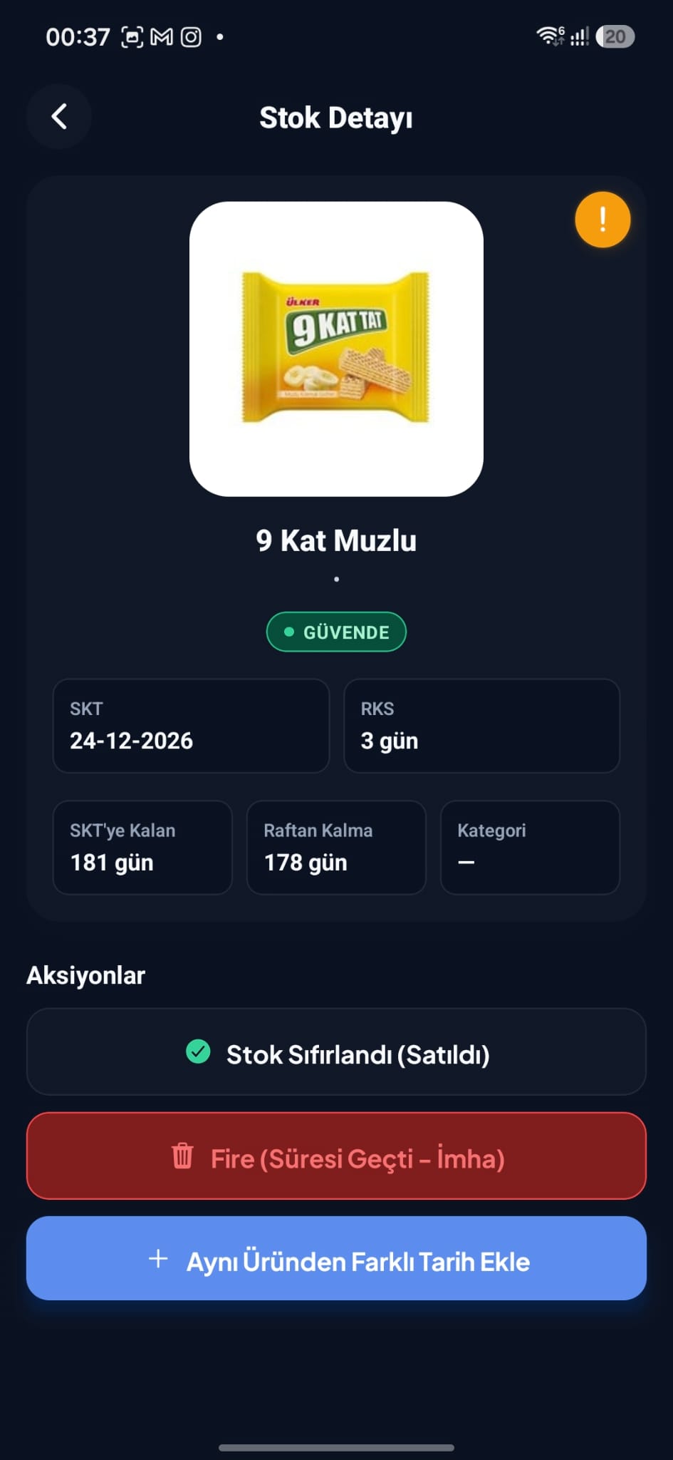 Stok Detayı ekranı — koyu tema